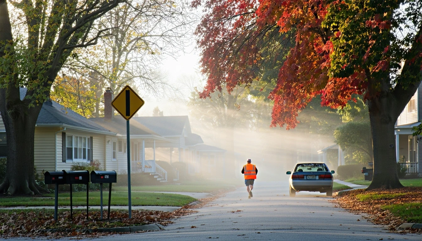 A foggy morning street in Livonia, Michigan with an old car parked under a red maple tree and jogger in the distance.