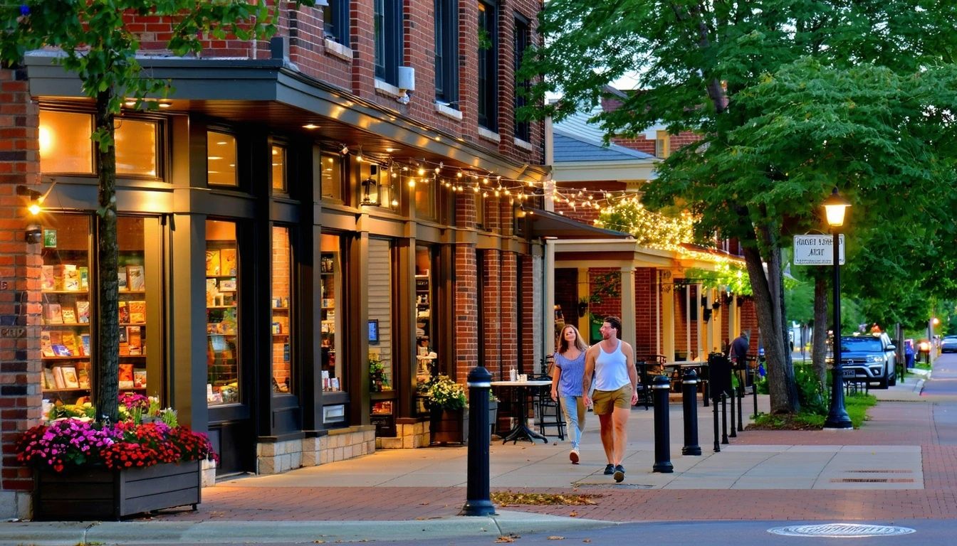 A walkable street of small shops and cafes in Novi, Michigan at dusk, with string lights and flower boxes adding charm.