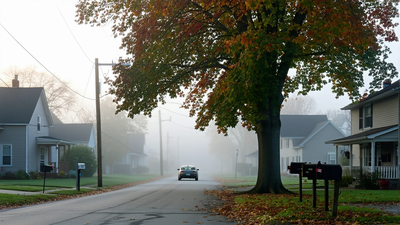 A misty morning street in Greenwood, Indiana with an old car parked under a maple tree and fog obscuring houses and mailboxes.