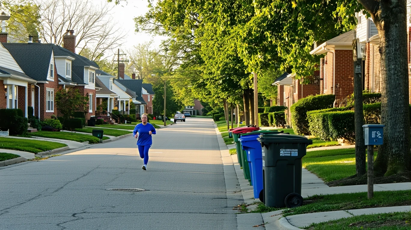 A calm residential street in Lawrence, Indiana lined with red-brick homes, recycling bins out for pickup, and a jogger running past.