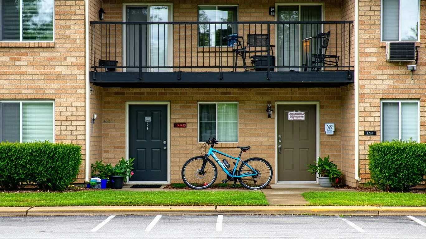 An apartment building with shaded doorways, potted plants, bicycles by the railing, and shrubs lining the walkway in soft afternoon light.