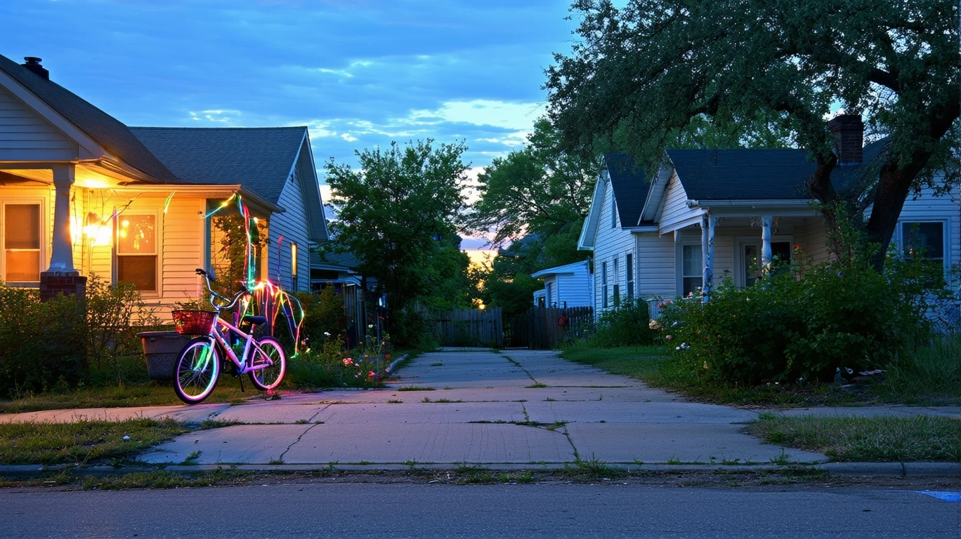 A cul-de-sac in an Austin neighborhood at dusk, with porch lights turning on, a child's bike near the curb, and towering oak trees.