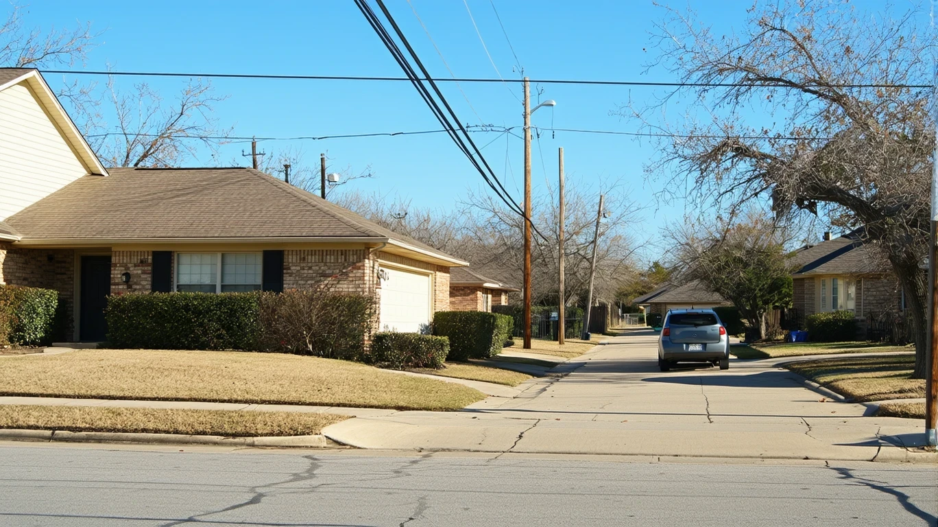 A typical neighborhood corner in Round Rock with ranch homes, tidy lawns, a parked car, and a jogger passing by.