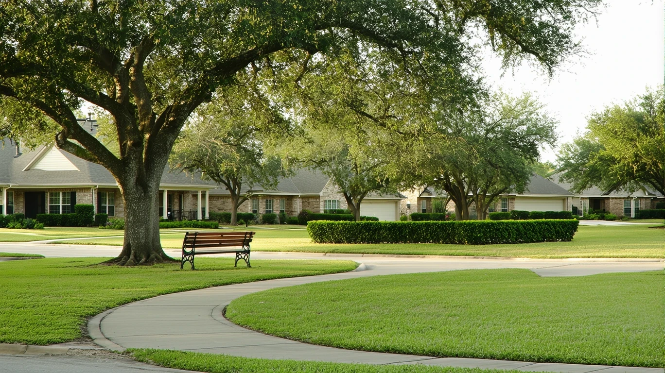 Neighborhood park in Georgetown, Texas with path, bench, hedges and surrounding homes.