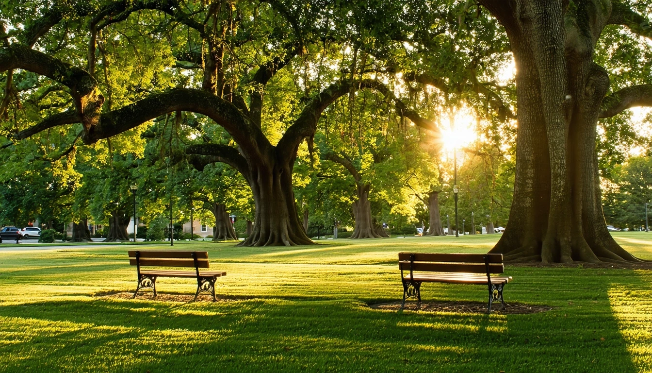 A peaceful park lawn in Mount Laurel, New Jersey with old oak trees, empty benches, and golden-hour sunlight stretching across the grass on a clear evening.