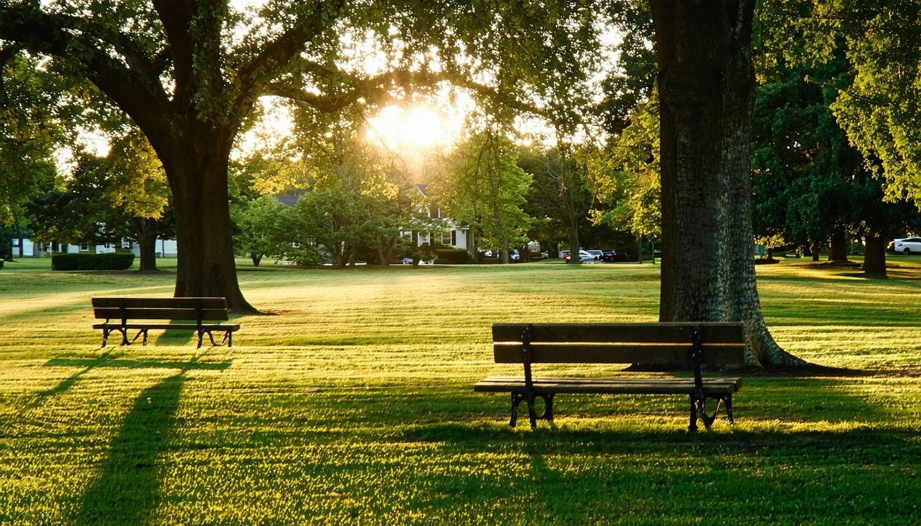 A quiet park with expansive lawn, old oak trees, and empty benches in a residential area of Gloucester Township, NJ.