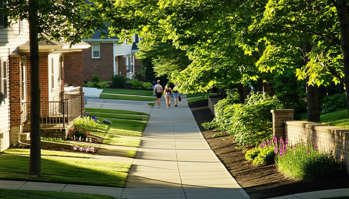 A cul-de-sac in Camden, NJ with well-kept homes, native plants, and people walking on the sidewalk.