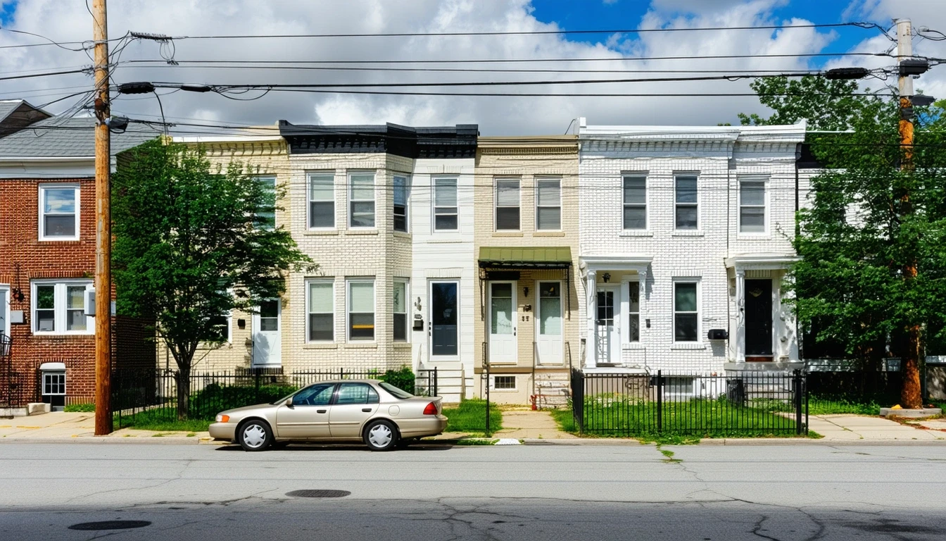 A street corner in a Wilmington neighborhood, showing rowhomes, small lawns, a parked car, and power lines overhead on a partly sunny day.