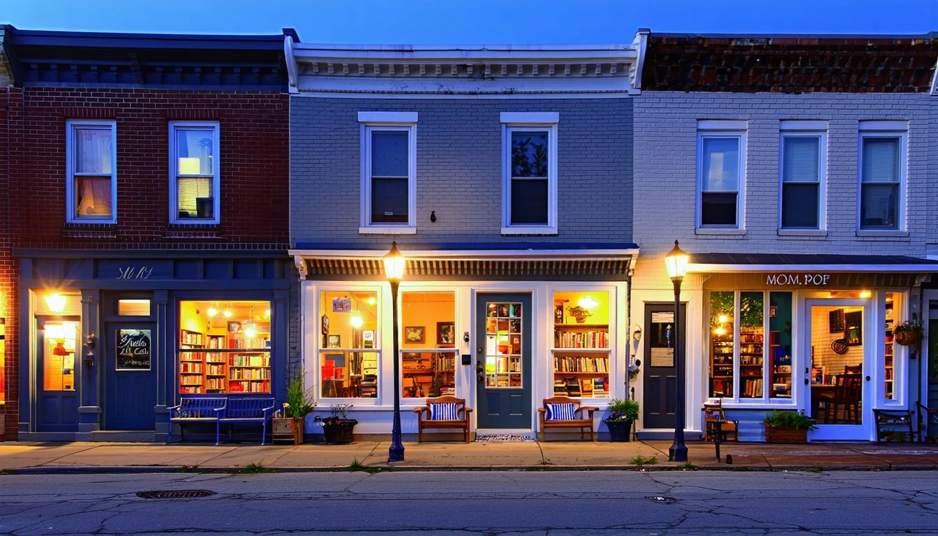 Storefronts and homes along a neighborhood street in Media, Pennsylvania at dusk. Warm light glows from shop windows and old-fashioned street lamps line the sidewalk.