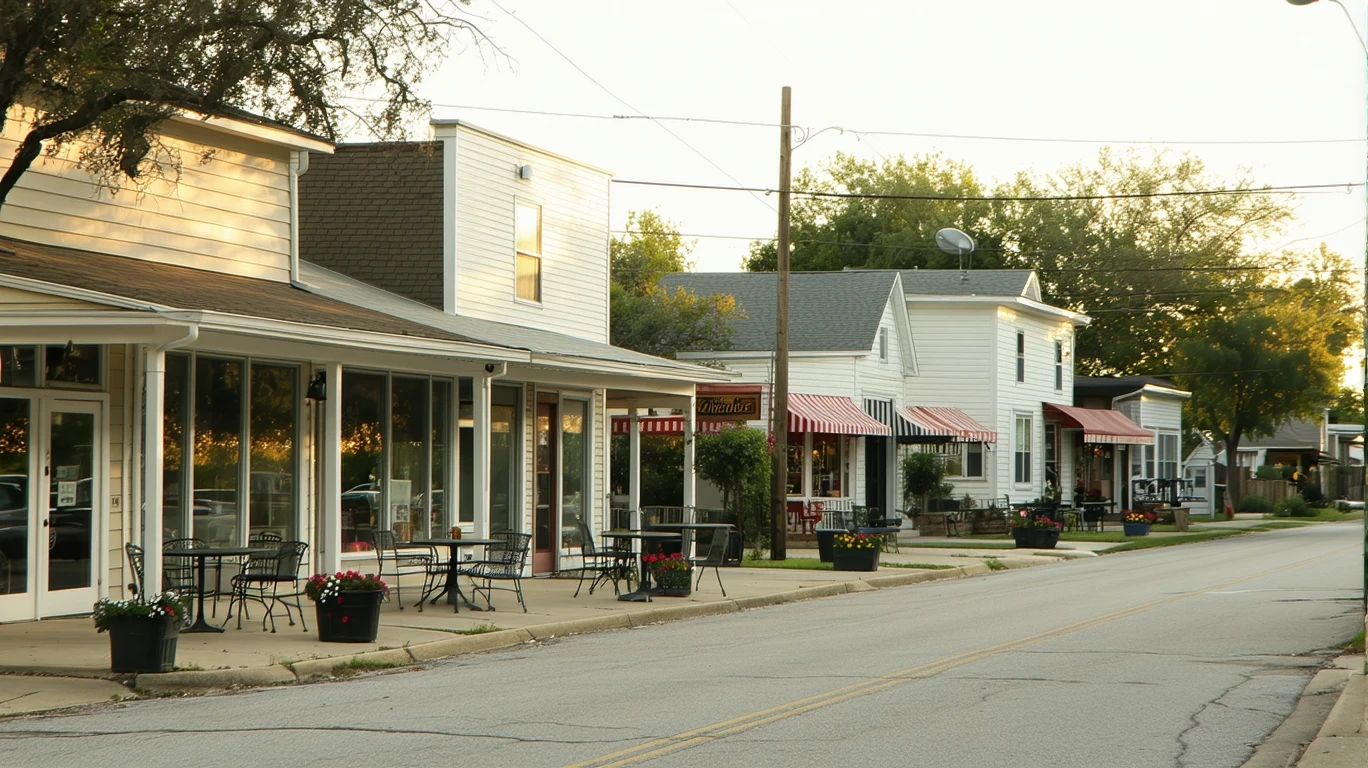 A strip of local shops beside a residential street at dusk in Converse, Texas, with small patios and empty flower planters.
