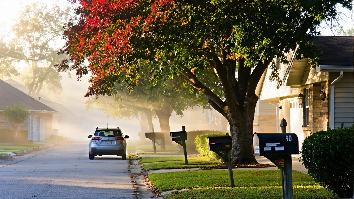 Foggy morning street in San Antonio neighborhood with houses and parked car.