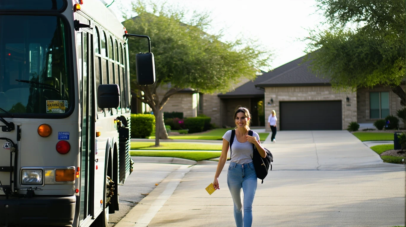 Woman boarding a public bus in Cibolo, Texas on a sunny afternoon.