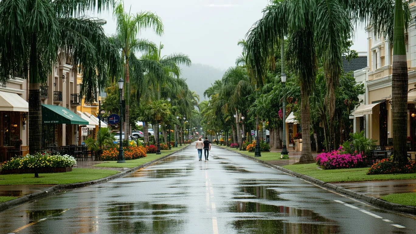A couple walks down a puddle-dotted sidewalk lined with palm trees and flowers after rain.