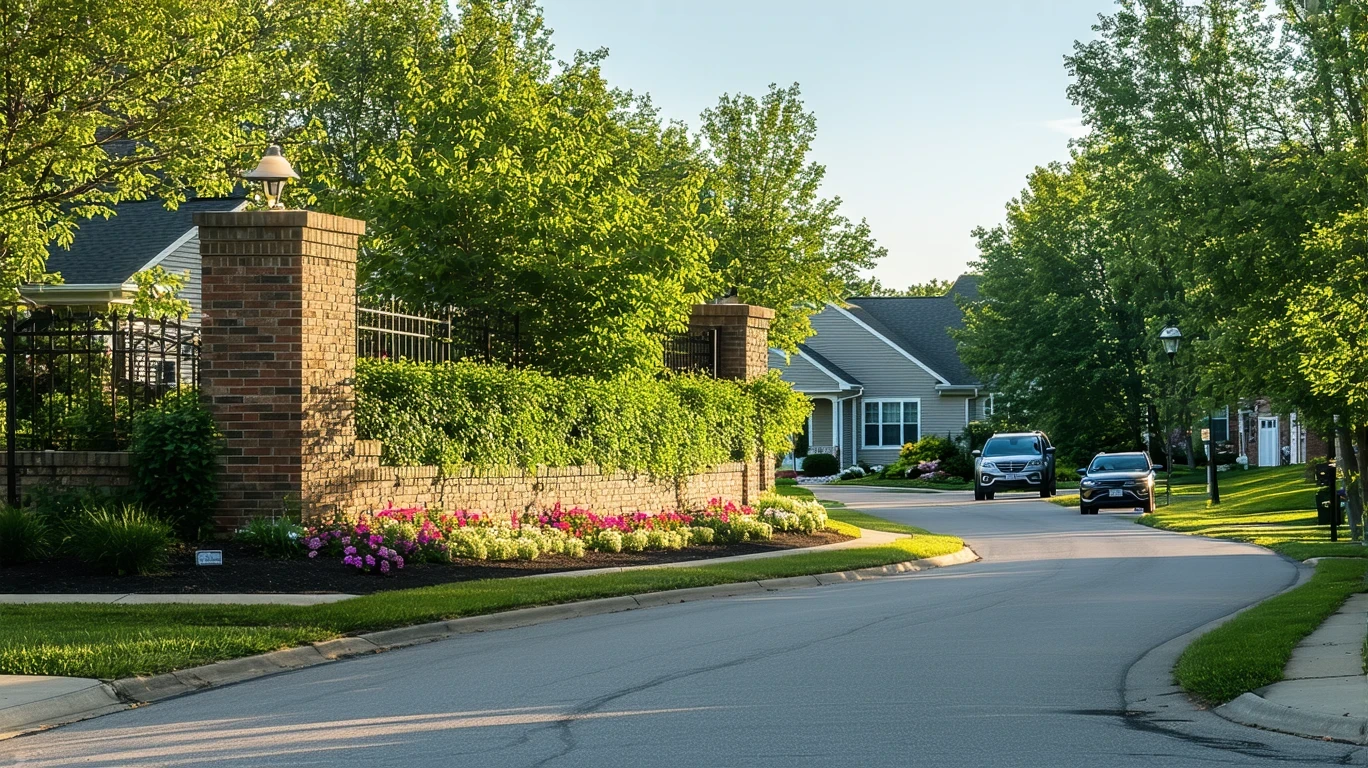 The start of a quiet residential cul-de-sac in Fairfield, with a low brick wall, native Ohio plants, and long shadows from the morning sun.