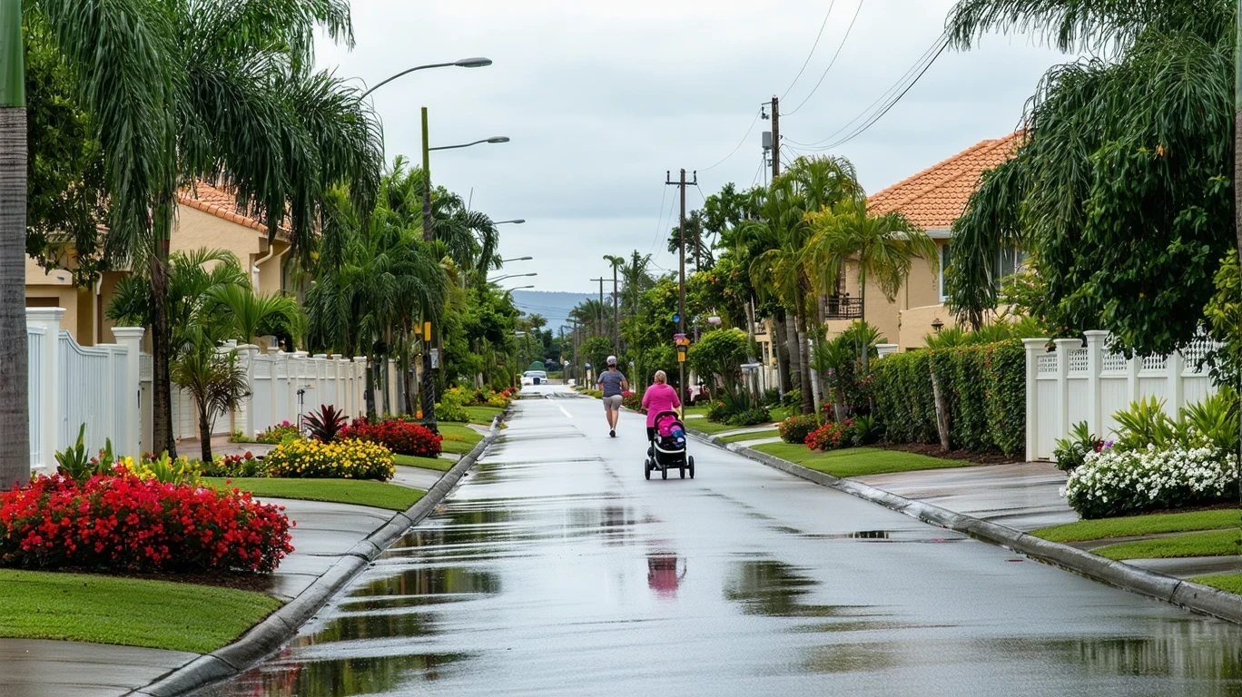 A Hamilton avenue after rain, with palm tree reflections, sidewalk puddles, stucco homes, and two people passing by.