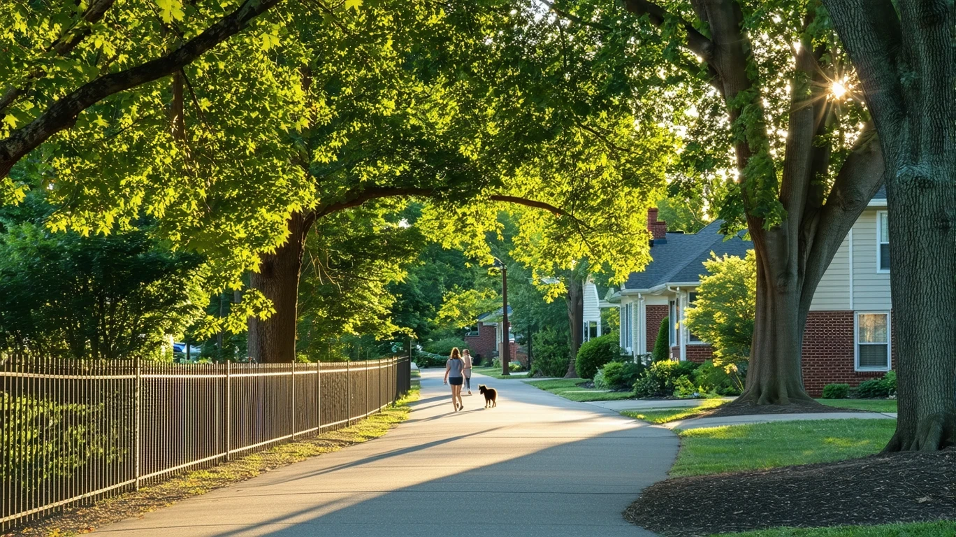 A sidewalk winding under oak trees in a Durham neighborhood, with rooftops visible through the leaves.