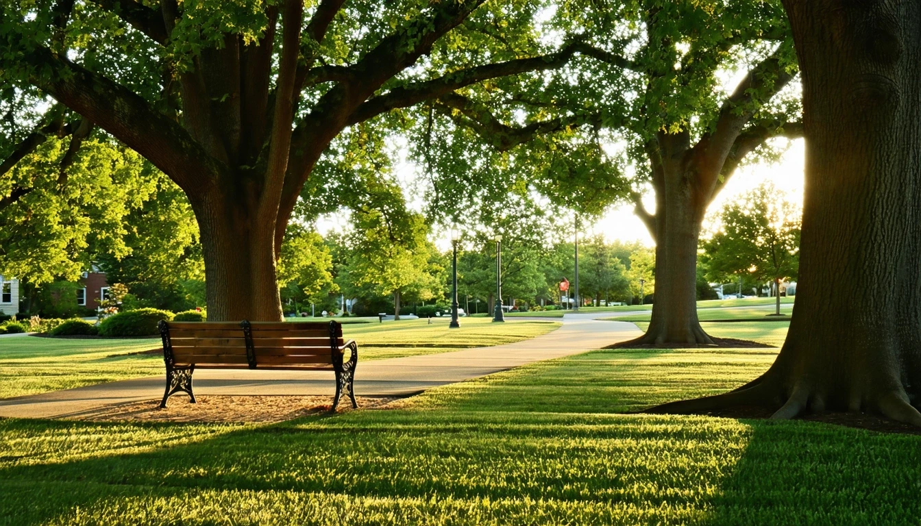 Park in Laurel, MD with oak trees, empty benches, and golden-hour light on the grass.