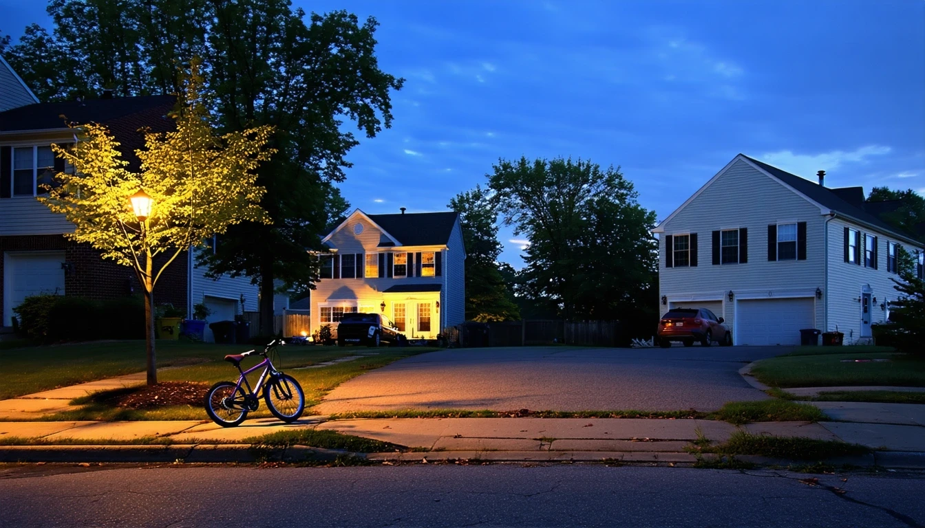 A quiet cul-de-sac in a Bowie, Maryland neighborhood at dusk with porch lights turning on.