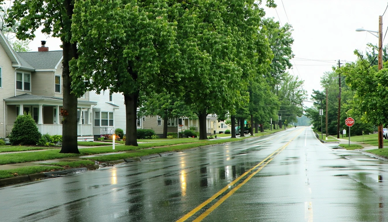Wet residential street with trees and homes after rain in Belleville, Illinois