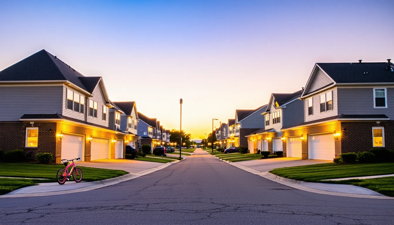 Cul-de-sac in Edwardsville at dusk with porch lights on and bicycle near curb