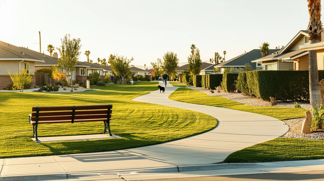 A view of a neighborhood park in Colton, California with trimmed hedges, a path, and a bench on a sunny afternoon.