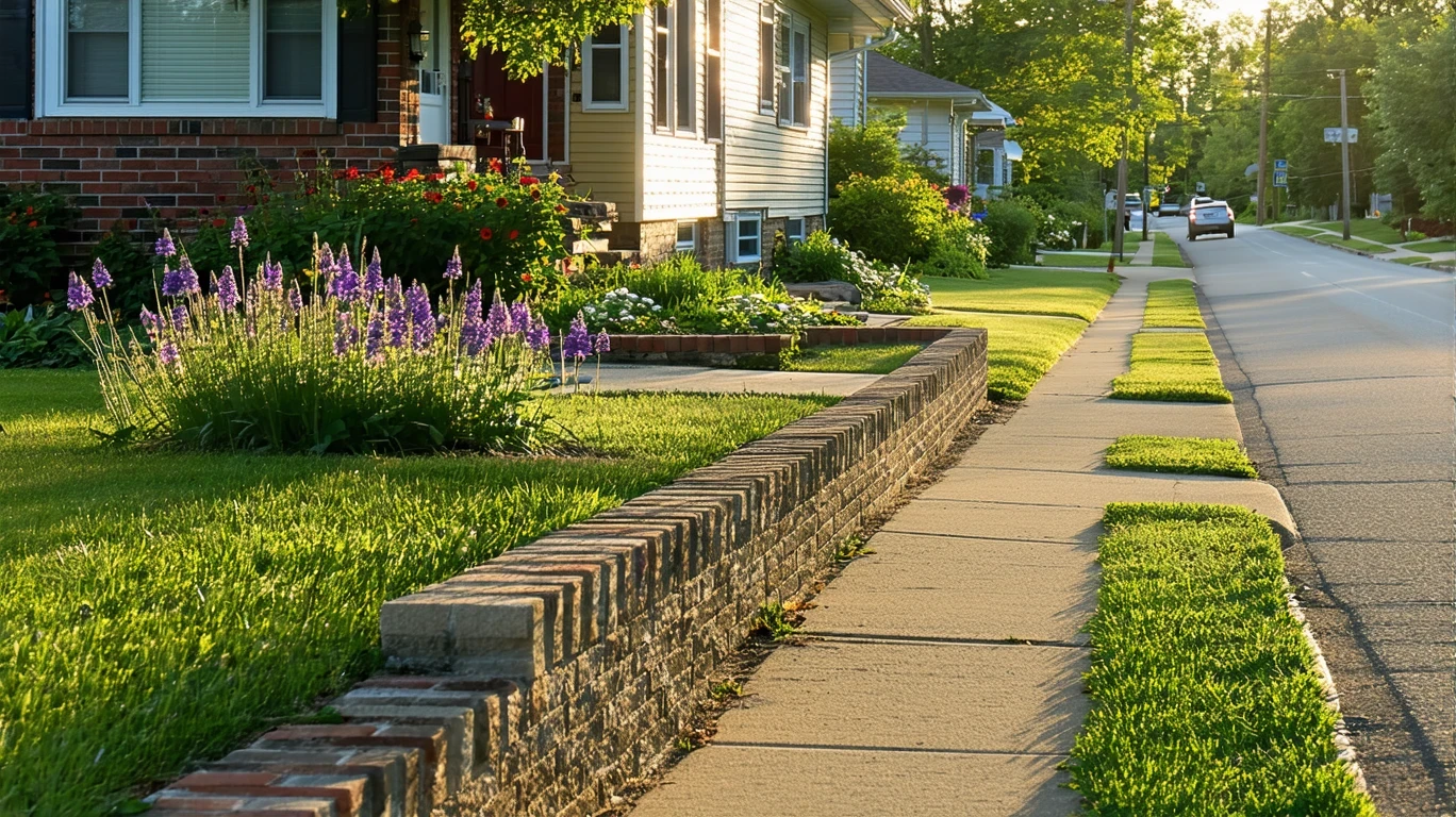 Suburban cul-de-sac in Columbus, OH with native flowers, brick wall, and jogger in morning light.