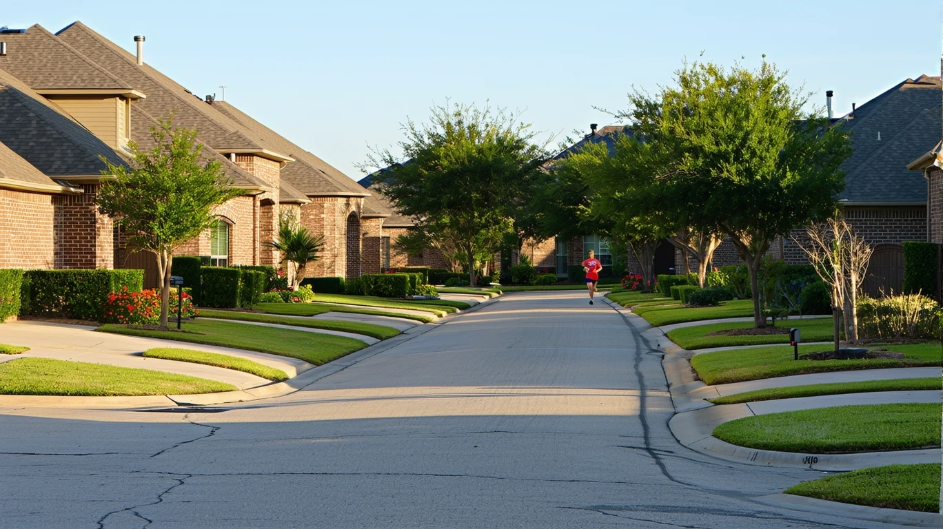 A view down a peaceful suburban cul-de-sac lined with single-story homes and tidy landscaping, a brick wall and plants at the entrance.