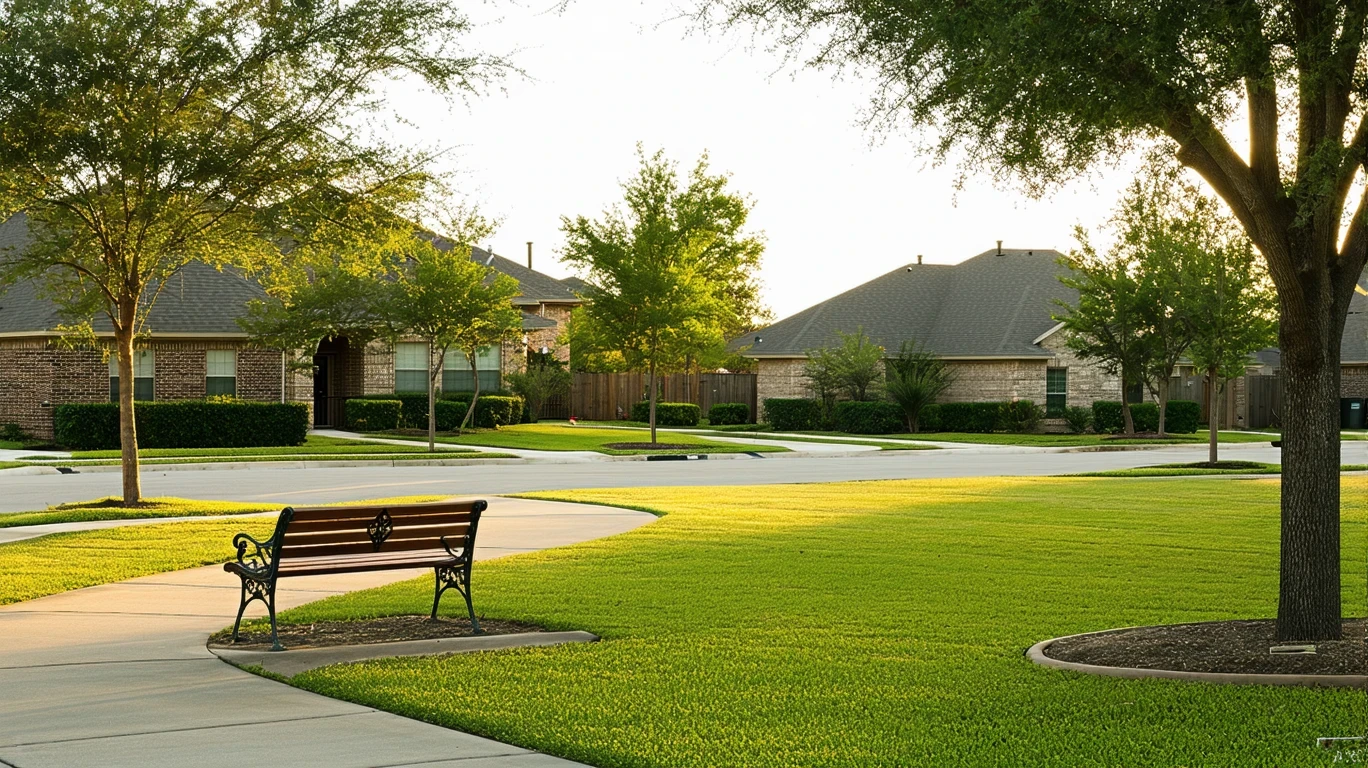 Tidy neighborhood park with walking path and bench, surrounded by well-kept homes in Universal City, Texas.
