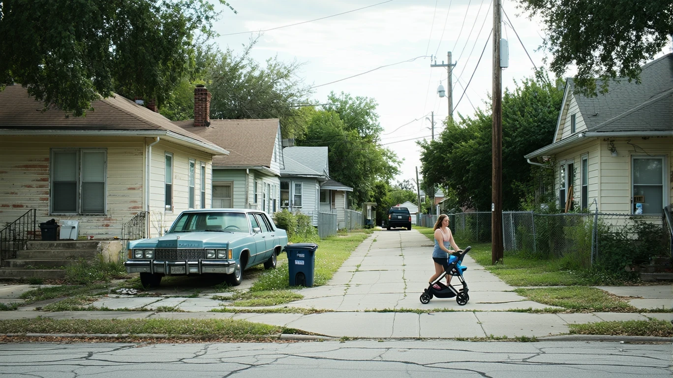Older residential street corner in San Antonio with small single-story homes, overhead power lines, and a woman pushing a stroller on the sidewalk.