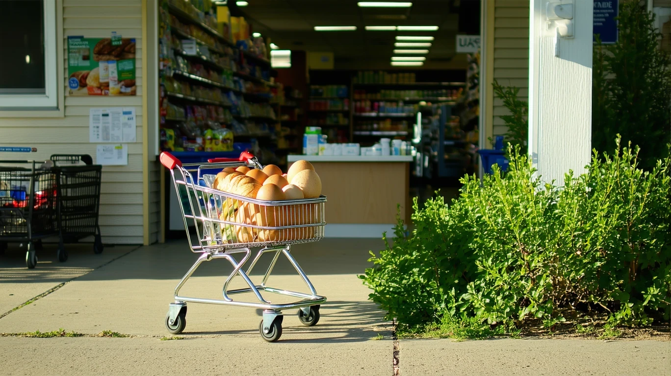 A half-full grocery cart with bread, eggs and produce parked outside a local market on a clear day.