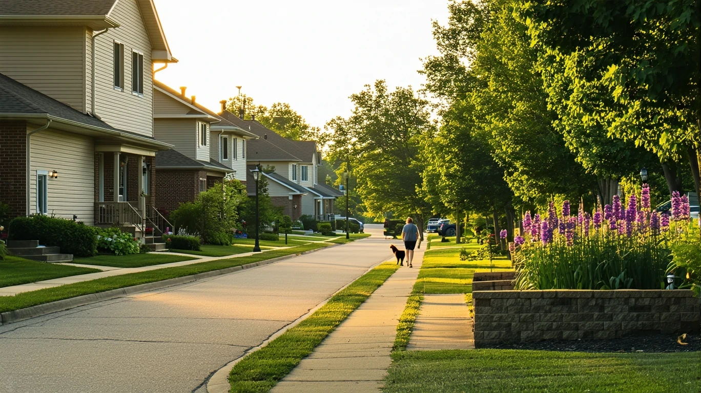 A quiet suburban cul-de-sac in Coon Rapids, MN with homes, landscaping, and a person walking their dog in the distance.
