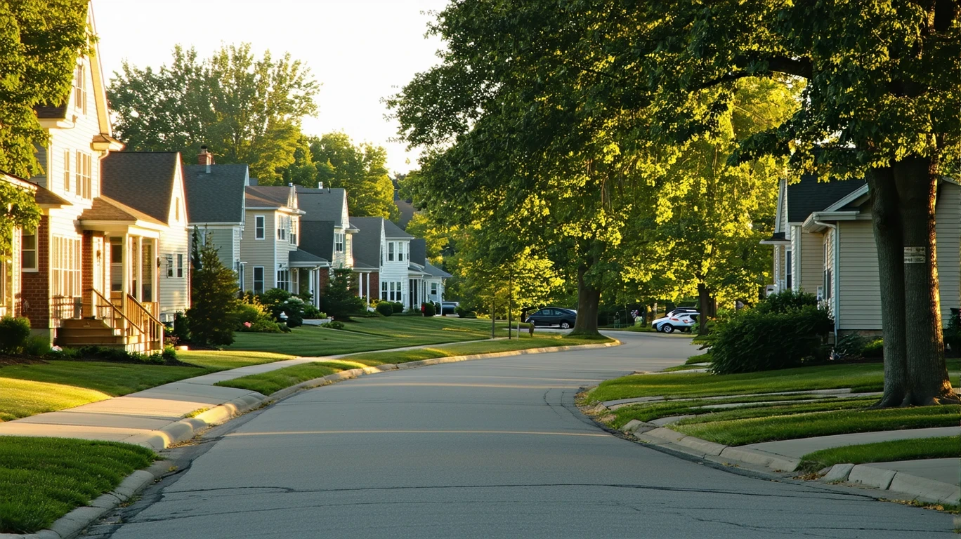 Tree-lined sidewalk curving through a suburban neighborhood with houses visible.