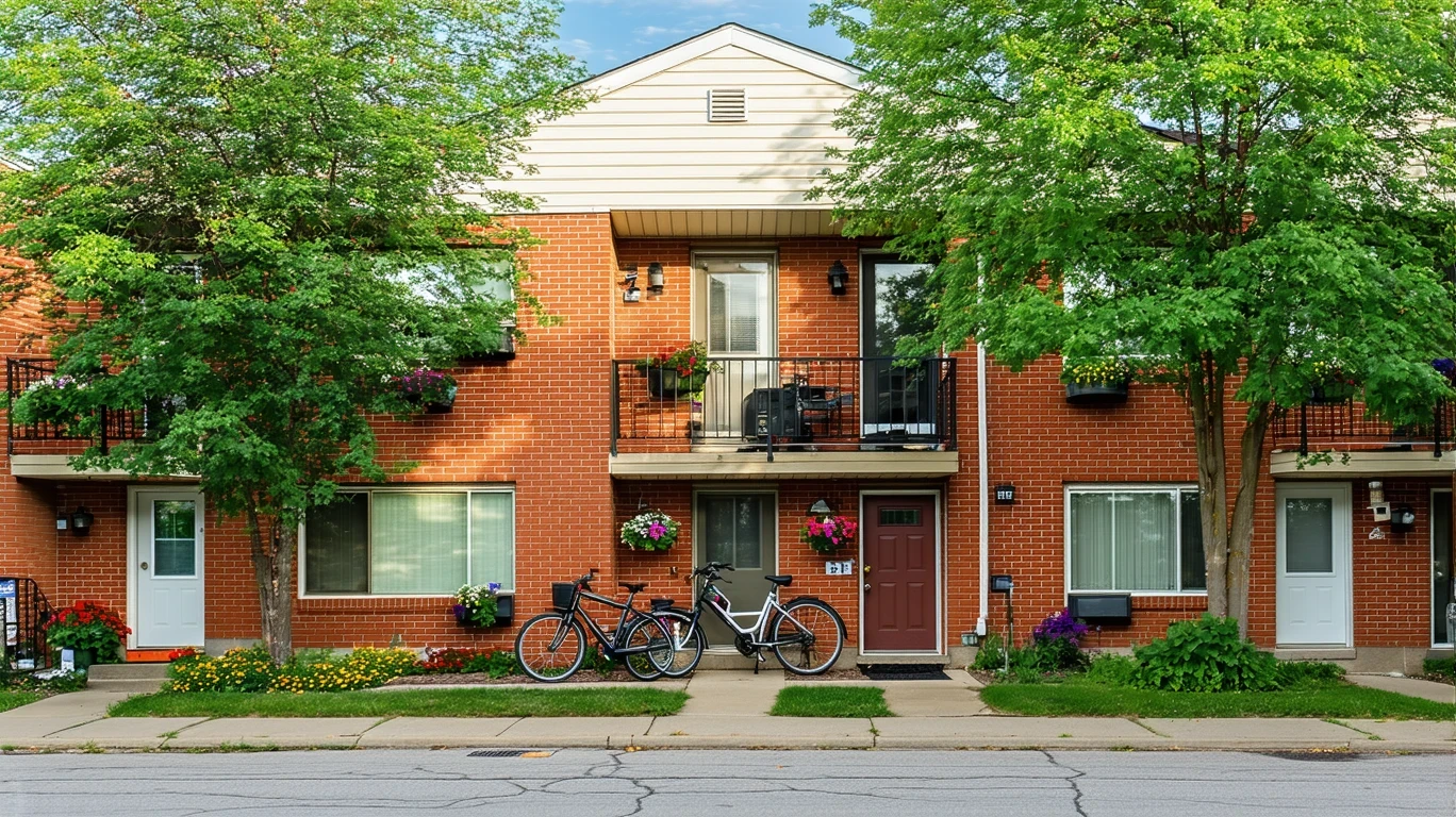A tidy red brick apartment building with potted plants, bicycles, and trees in Coon Rapids, Minnesota on a warm summer afternoon.