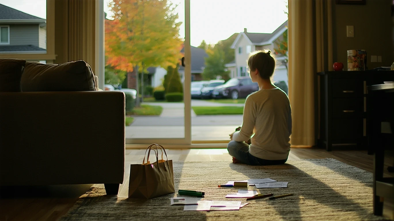 Person sitting on living room rug, sorting receipts and budgeting with Coon Rapids neighborhood visible outside.
