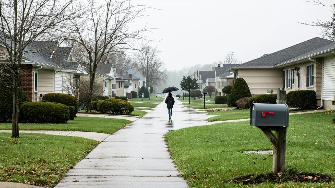 A person walking on a suburban sidewalk past a cluster of mailboxes on a rainy day in Coon Rapids, Minnesota.