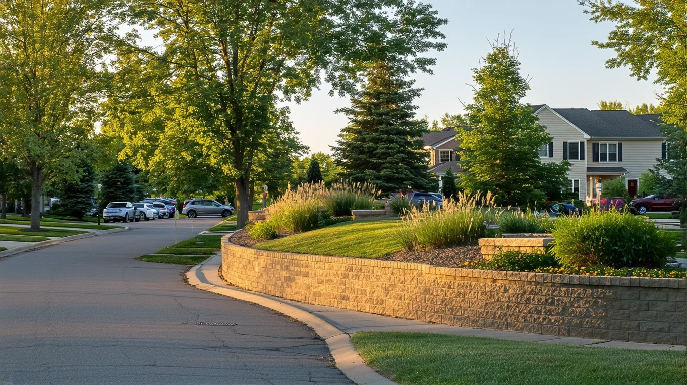 A view of a suburban cul-de-sac entrance with a low brick wall and native landscaping in Bloomington, Minnesota at sunrise.