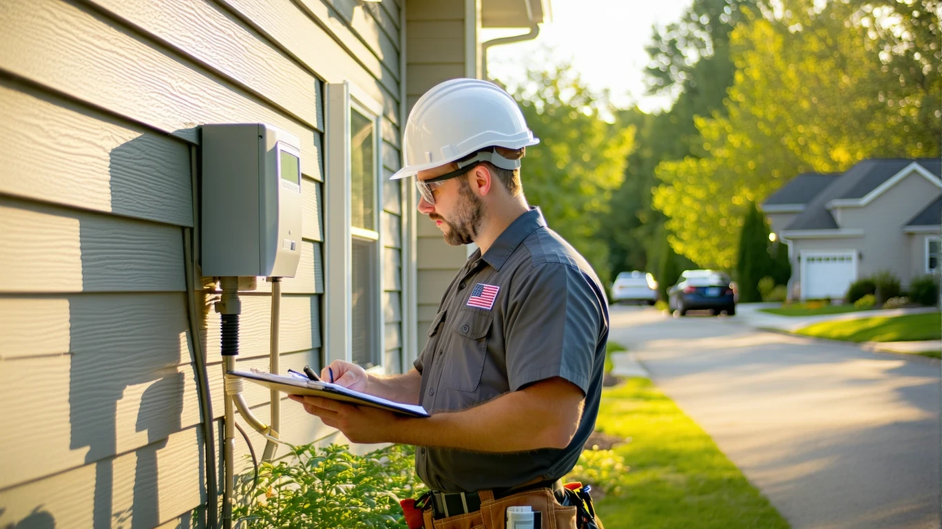 A utility worker checking an electric meter on a suburban home in Coon Rapids, MN on a summer afternoon.