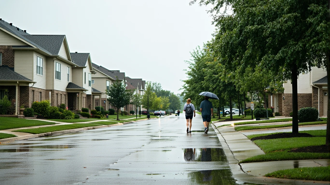 A suburban street in Coon Rapids, Minnesota after a rainstorm, with palm trees reflected in puddles and a couple walking under an umbrella.