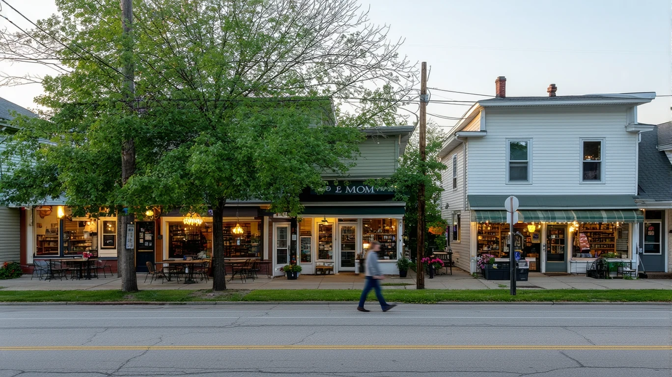 Dusk view of a small commercial street in Coon Rapids beside a residential neighborhood, with glowing storefronts and a pedestrian walking by.