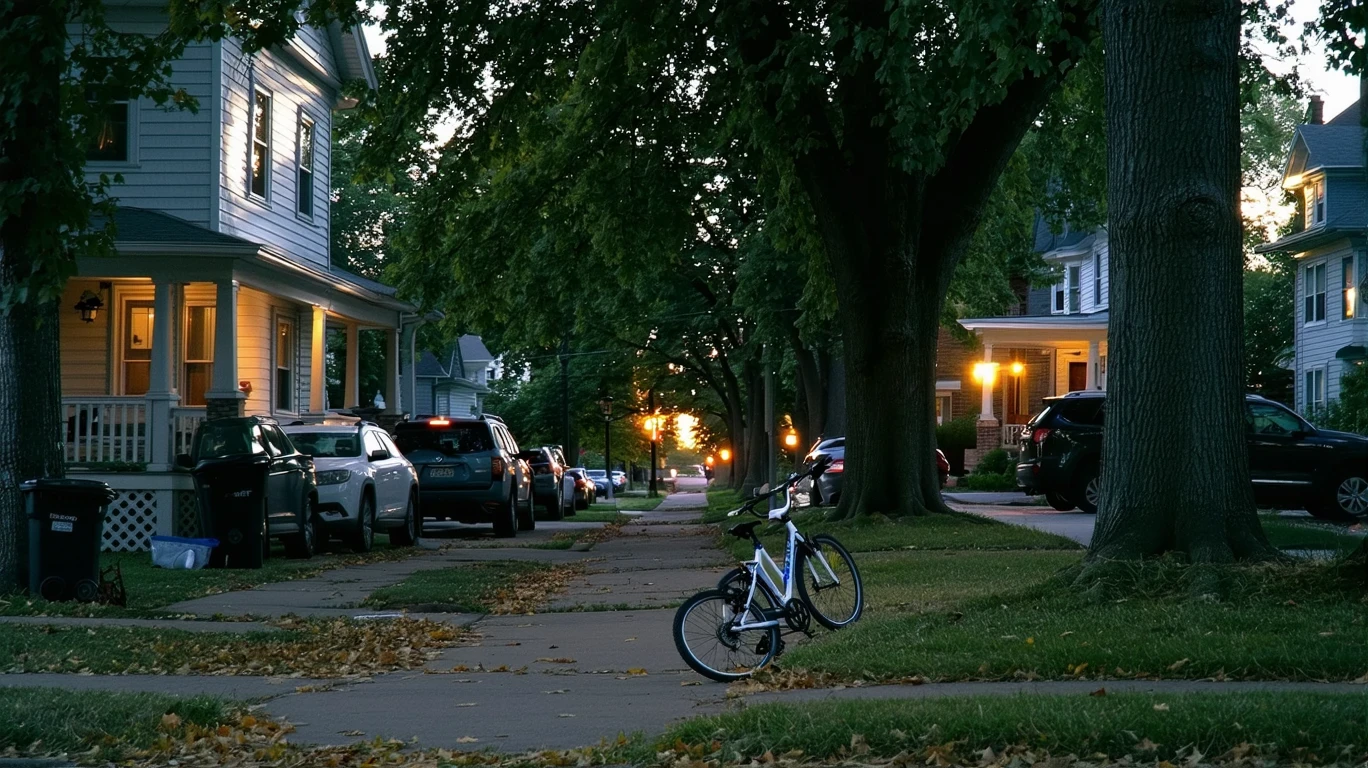 Dusk view of a residential cul-de-sac in Saint Paul, with porch lights turning on, a child's bicycle, and 1920s-era houses under large trees.