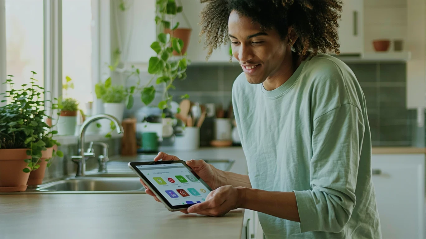 Person looking at streaming service prices on tablet in kitchen