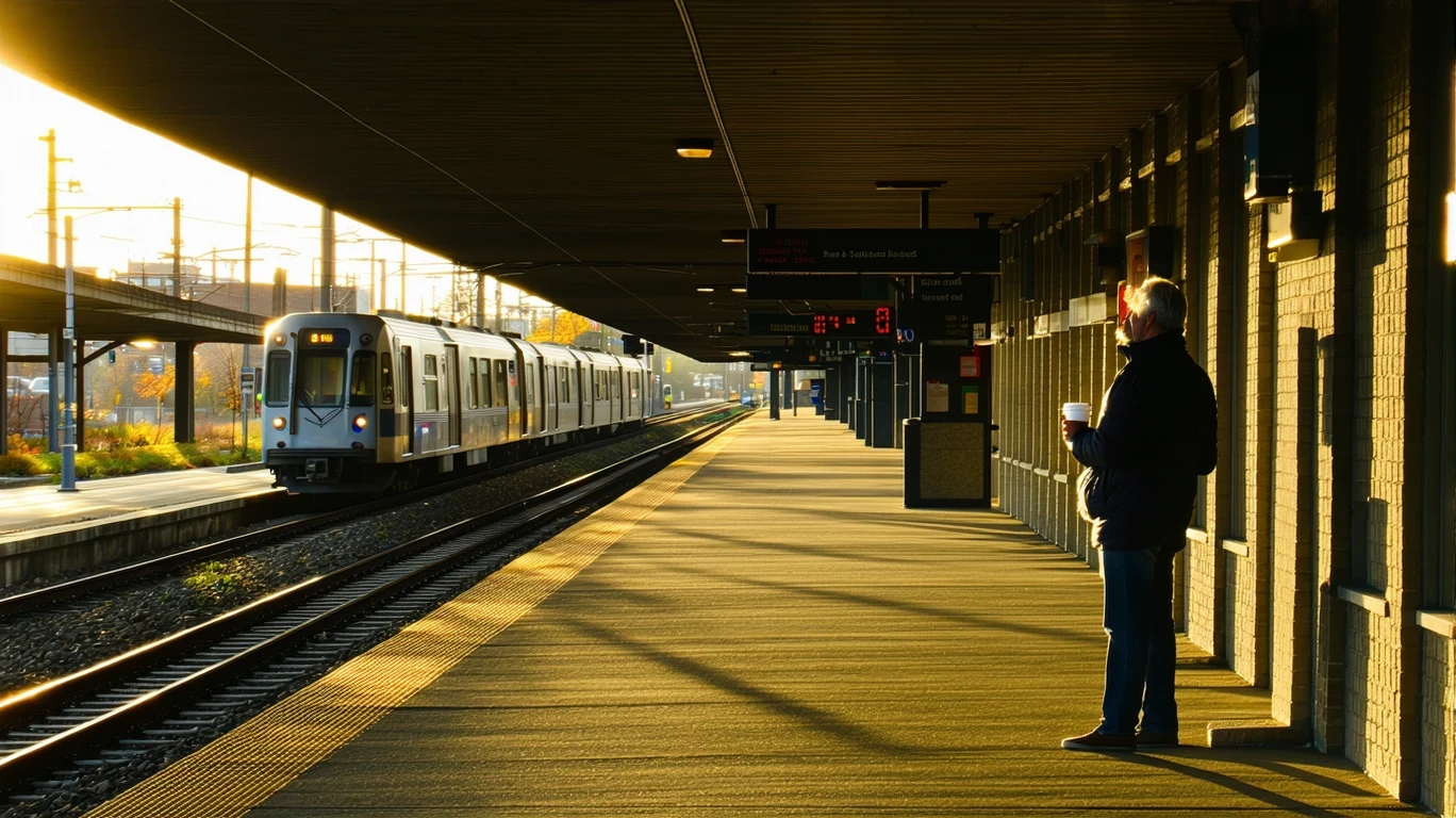 A commuter stands alone on a light rail platform in Coon Rapids at sunrise, holding a coffee.