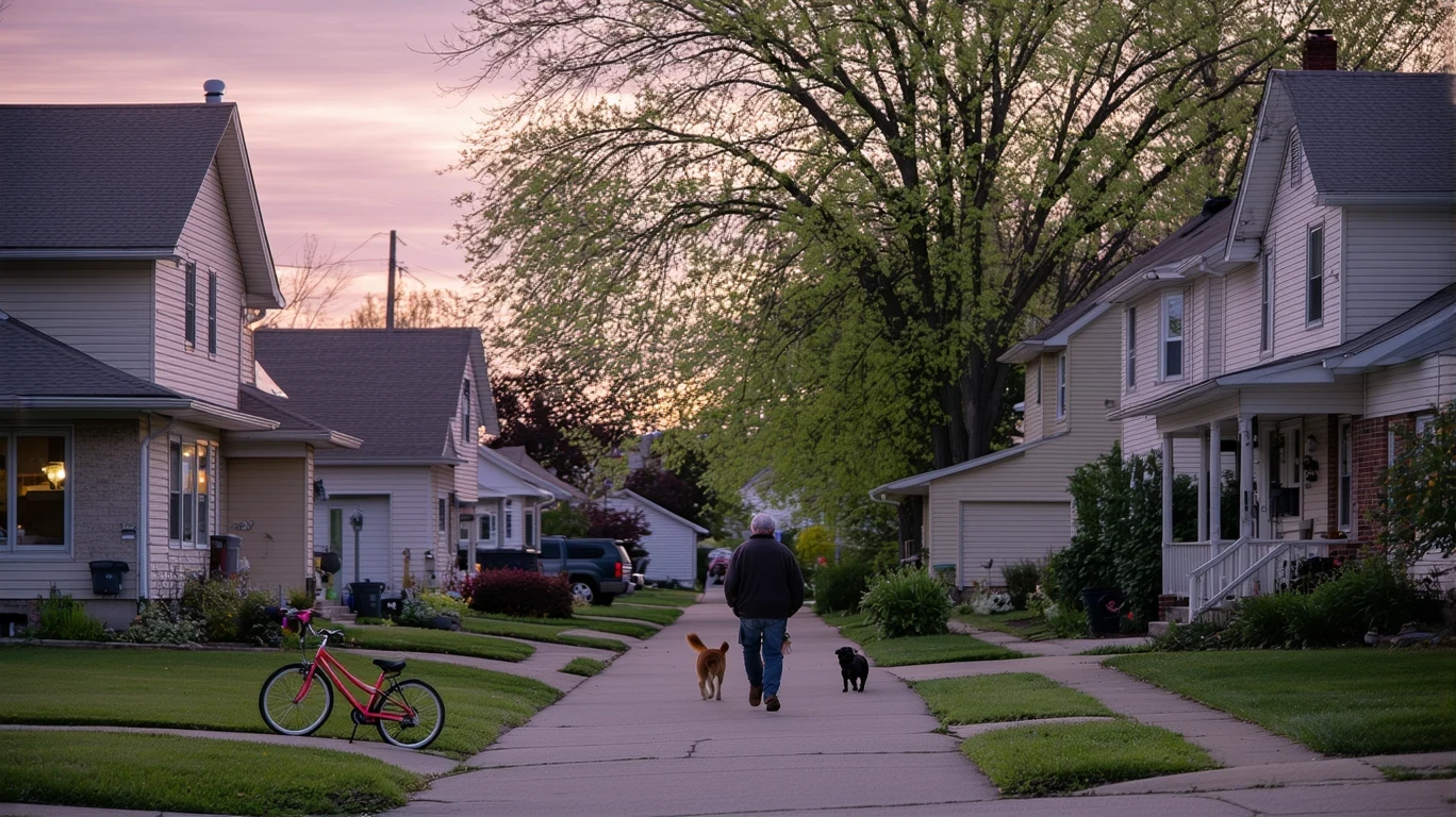 A quiet cul-de-sac in Coon Rapids, Minnesota at dusk, with a child's bicycle near the curb and porch lights turning on.
