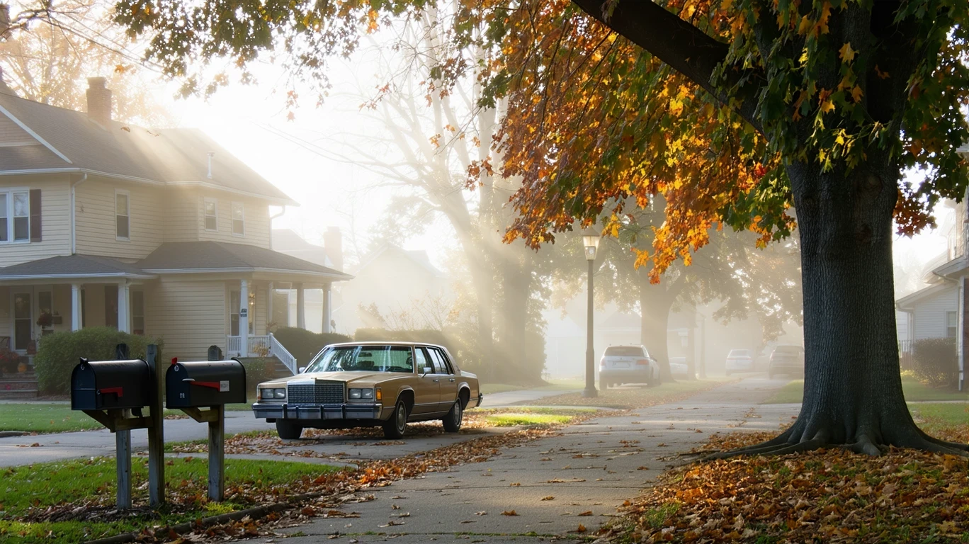 A misty suburban street in autumn with mailboxes, a maple tree and a parked car.