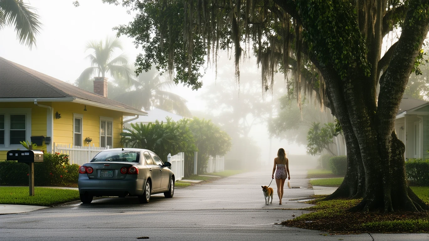 A foggy residential street in Hollywood, Florida with bungalows, parked car, and dog-walker.