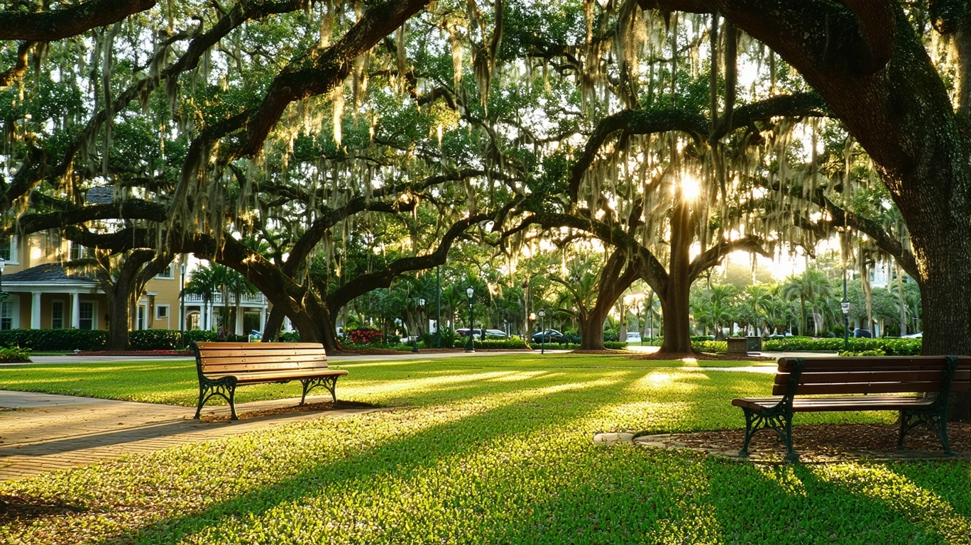 A tranquil park lawn shaded by oak trees in Fort Lauderdale, with empty benches, golden afternoon light, and glimpses of the surrounding neighborhood.