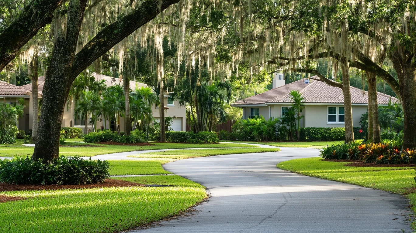 A curving sidewalk winds through a shady Pembroke Pines neighborhood with trees and houses.