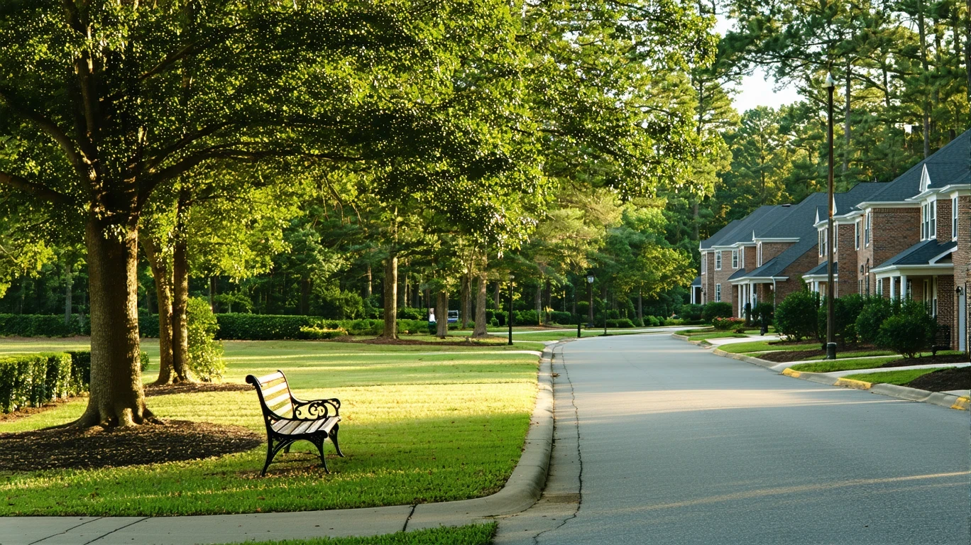 A sunny neighborhood park in Cornelius, North Carolina with trimmed hedges, a bench, and a path.
