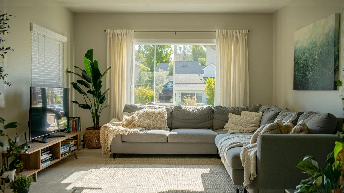 Sunlight streaming into a simply furnished living room in Ontario, California