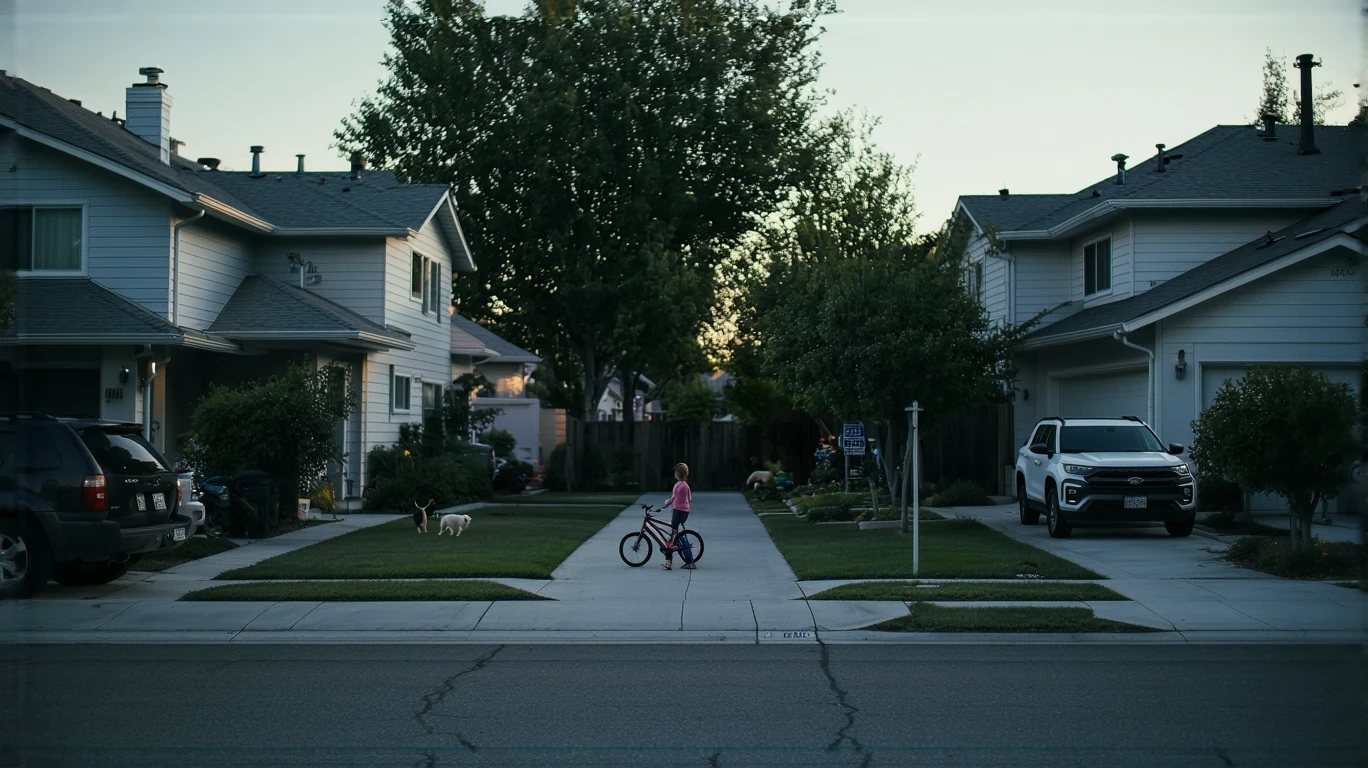 Suburban cul-de-sac at dusk with porch lights and child's bicycle